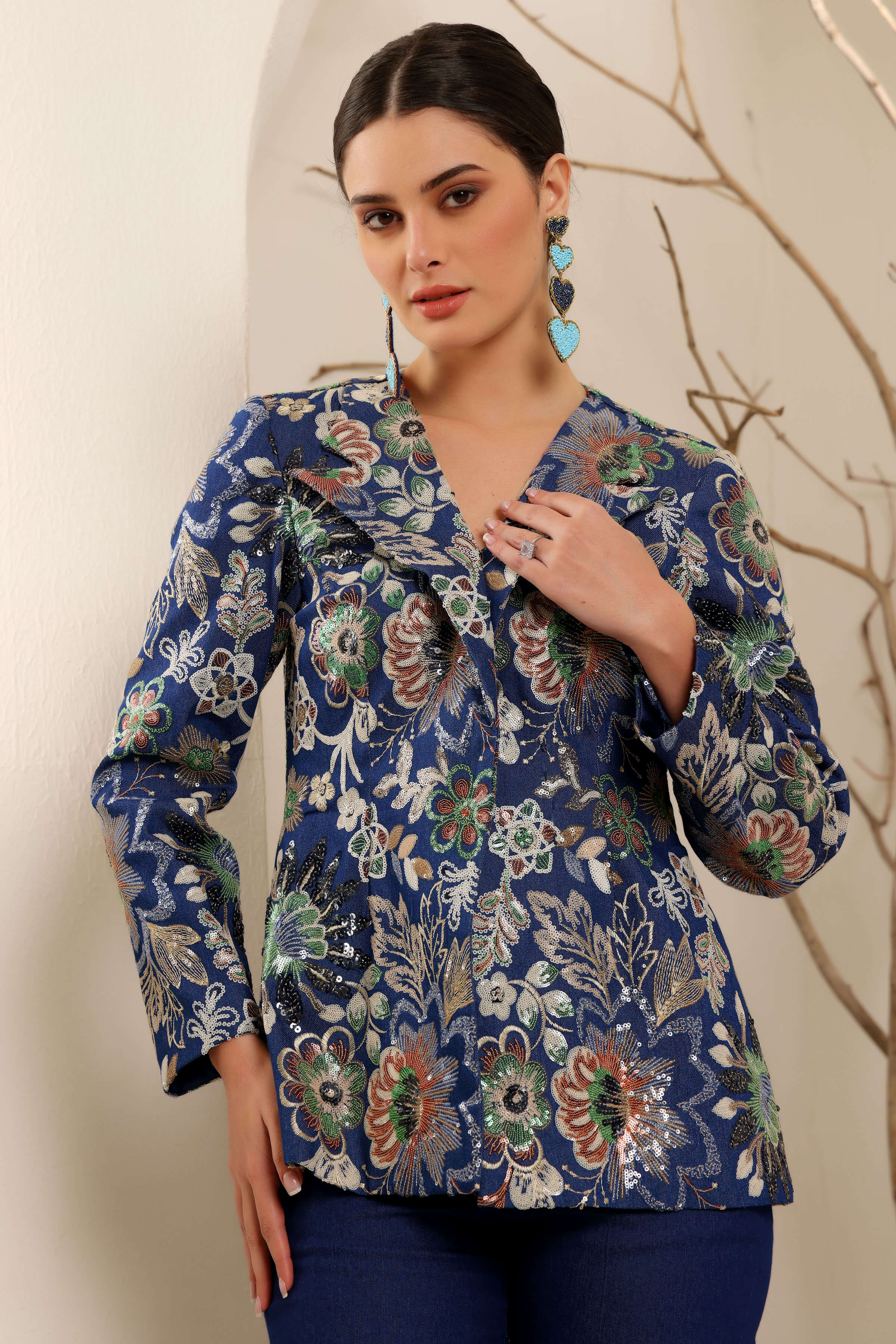 Ink Blue Classic Denim Embroidered Blazer Set