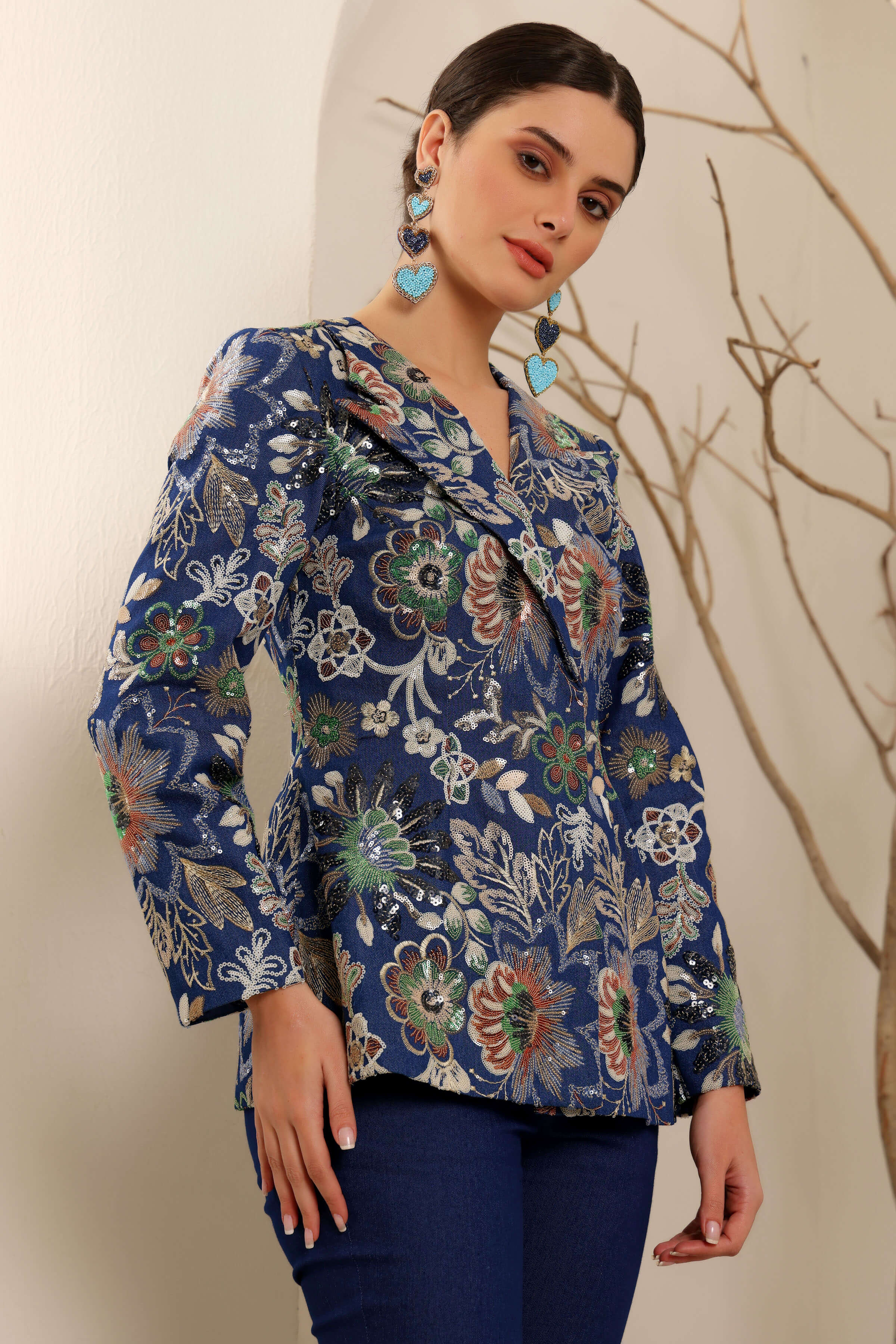 Ink Blue Classic Denim Embroidered Blazer Set