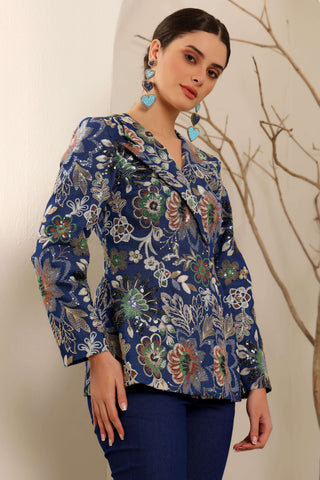 Ink Blue Classic Denim Embroidered Blazer Set