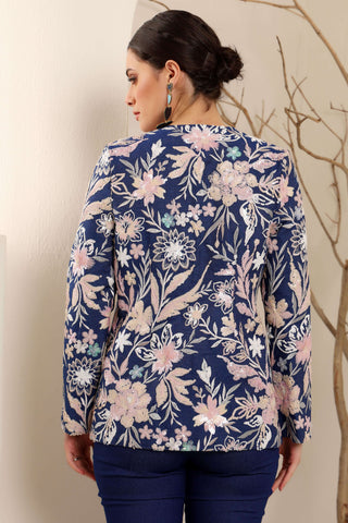 Ink Blue Denim Embroidered Blazer Set