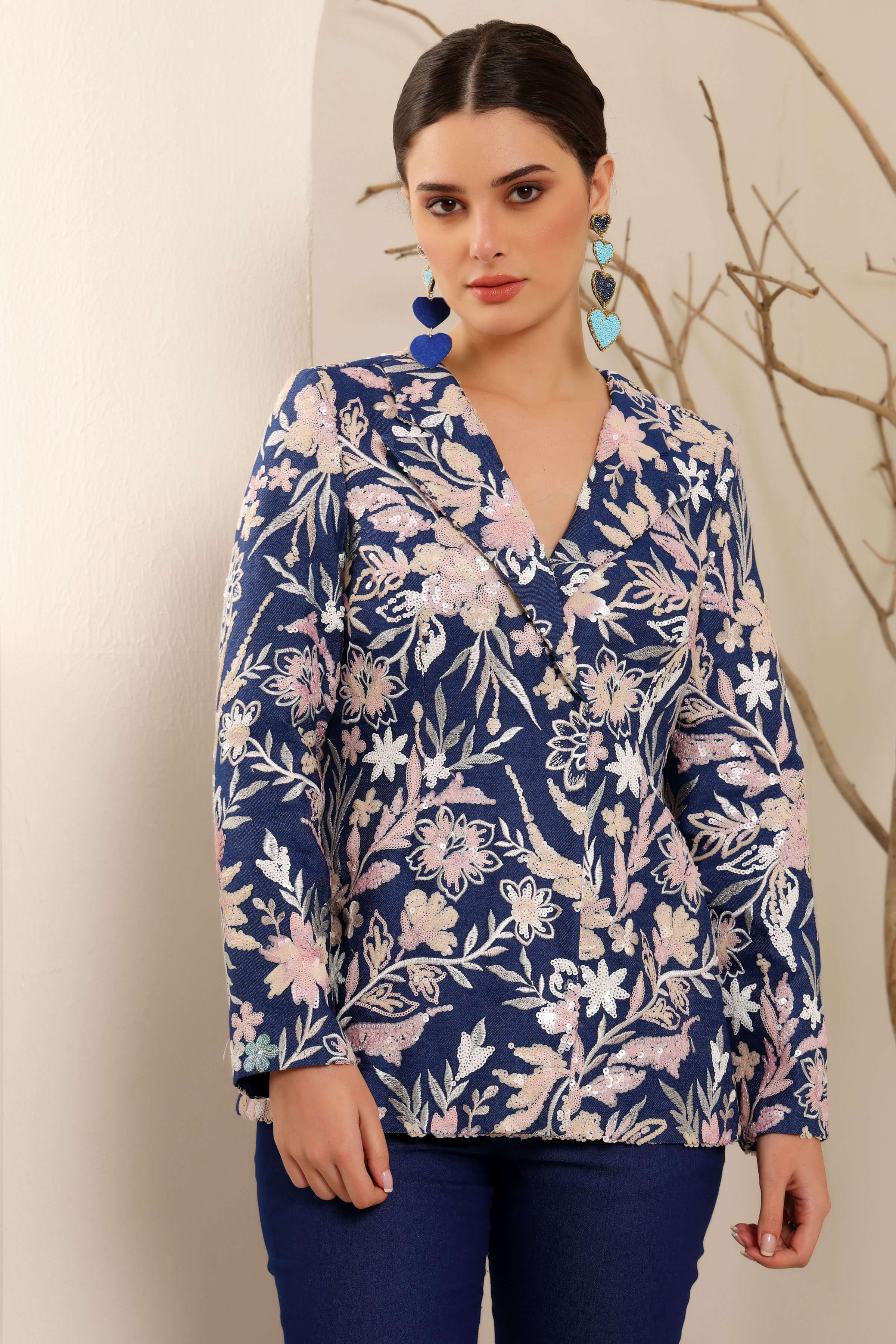 Ink Blue Denim Embroidered Blazer Set
