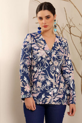 Ink Blue Denim Embroidered Blazer Set