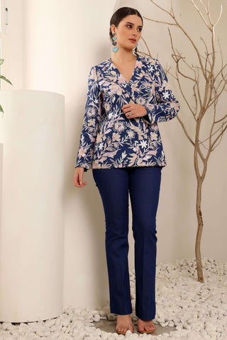 Ink Blue Denim Embroidered Blazer Set