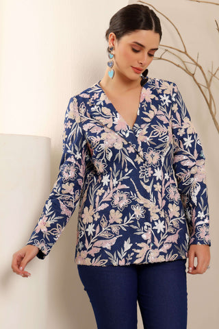 Ink Blue Denim Embroidered Blazer Set