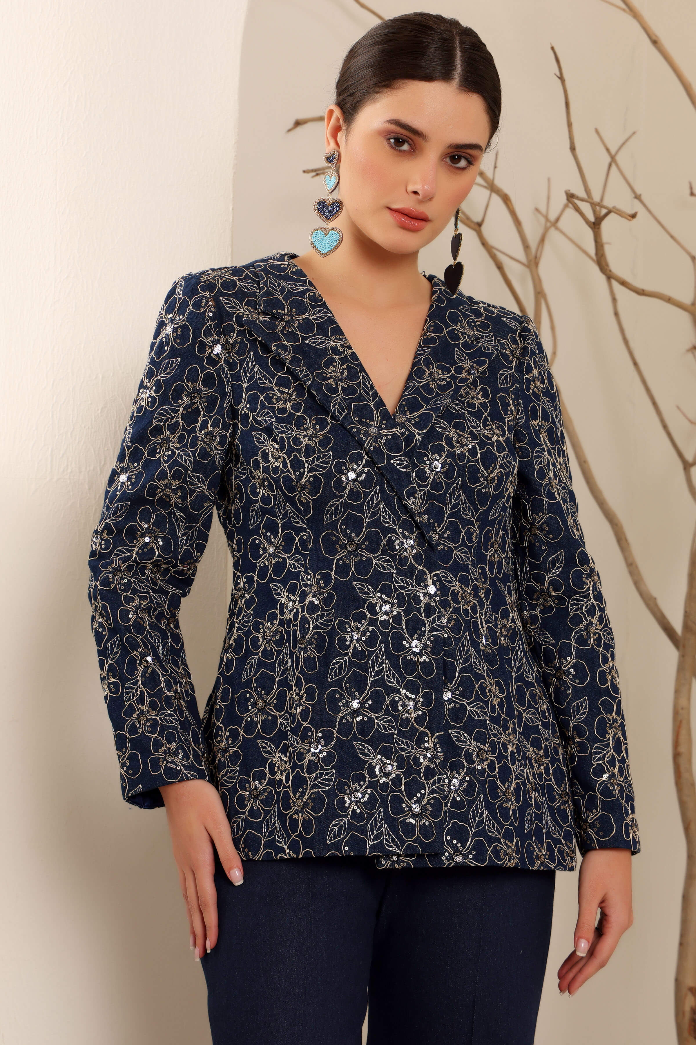 Denim Floral Blazer Set
