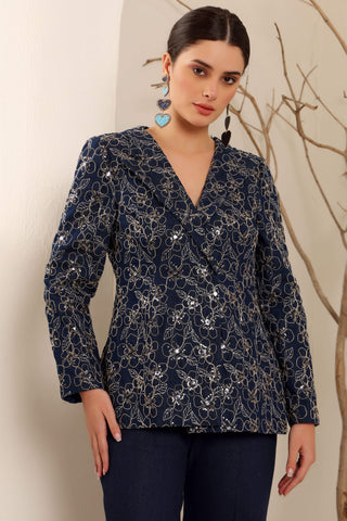 Denim Floral Blazer Set