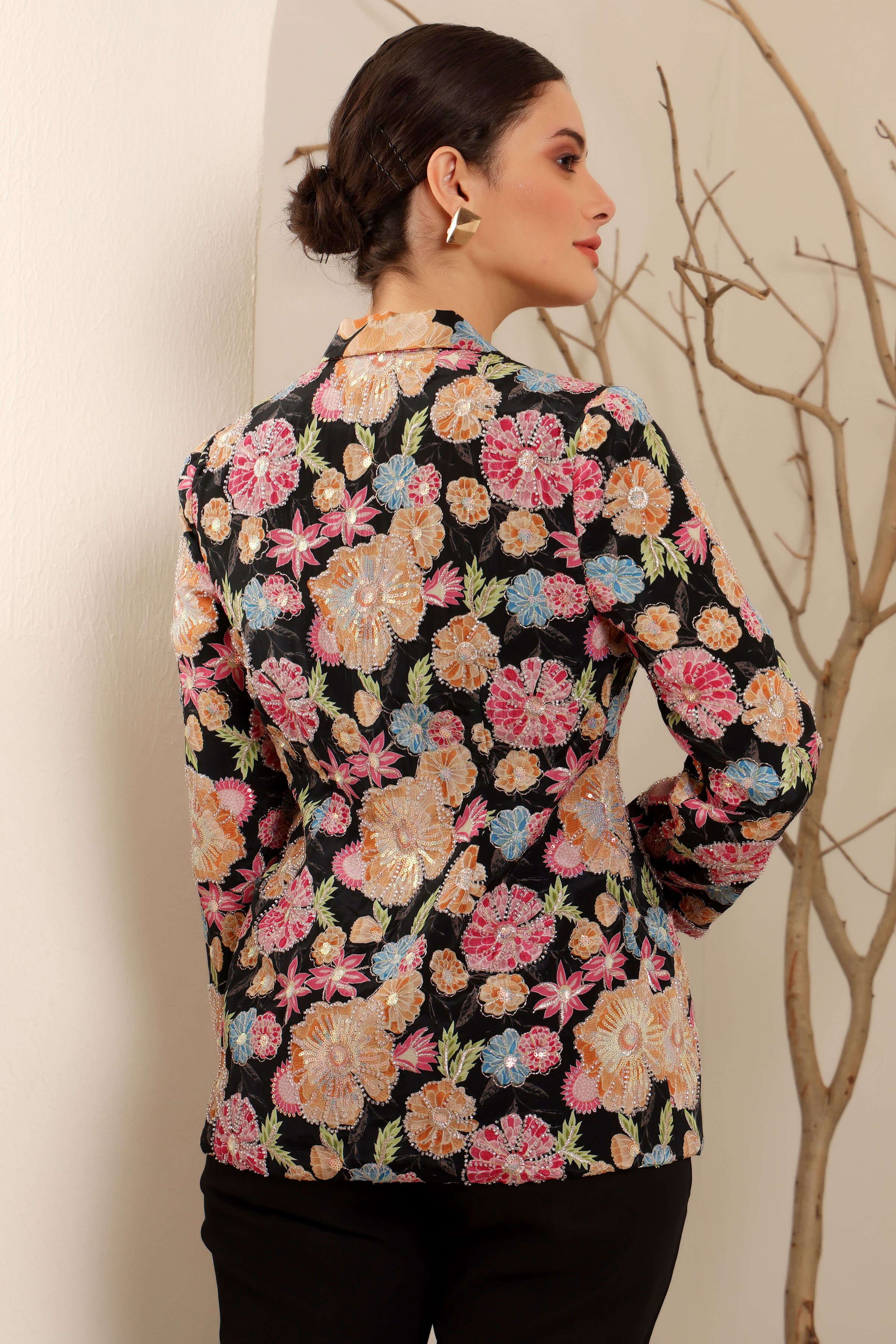 Black Floral Hand Embroidered Blazer Set