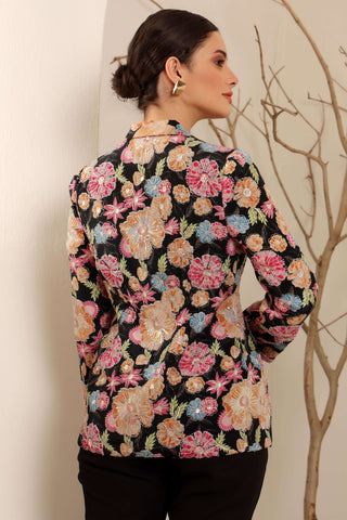 Black Floral Hand Embroidered Blazer Set
