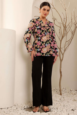 Black Floral Hand Embroidered Blazer Set
