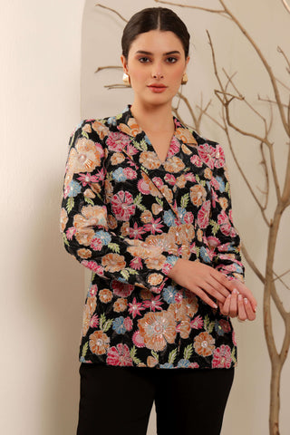 Black Floral Hand Embroidered Blazer Set
