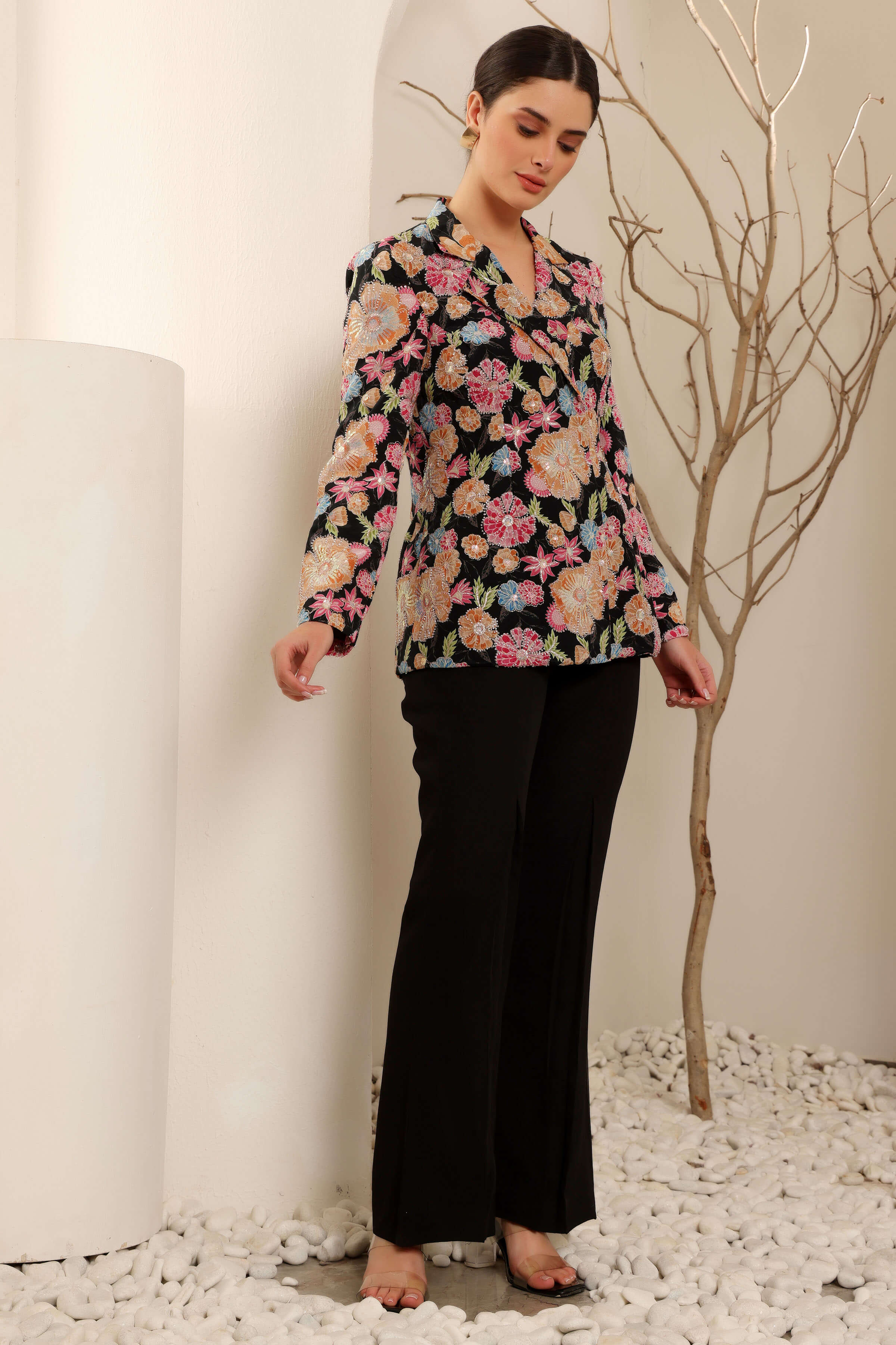 Black Floral Hand Embroidered Blazer Set