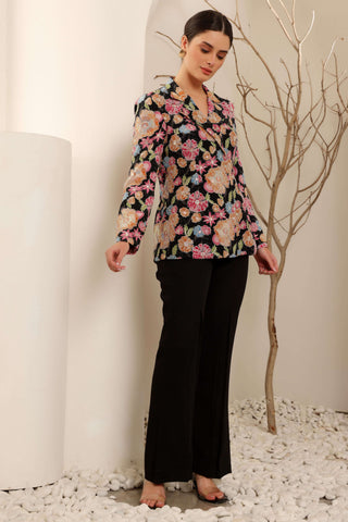 Black Floral Hand Embroidered Blazer Set