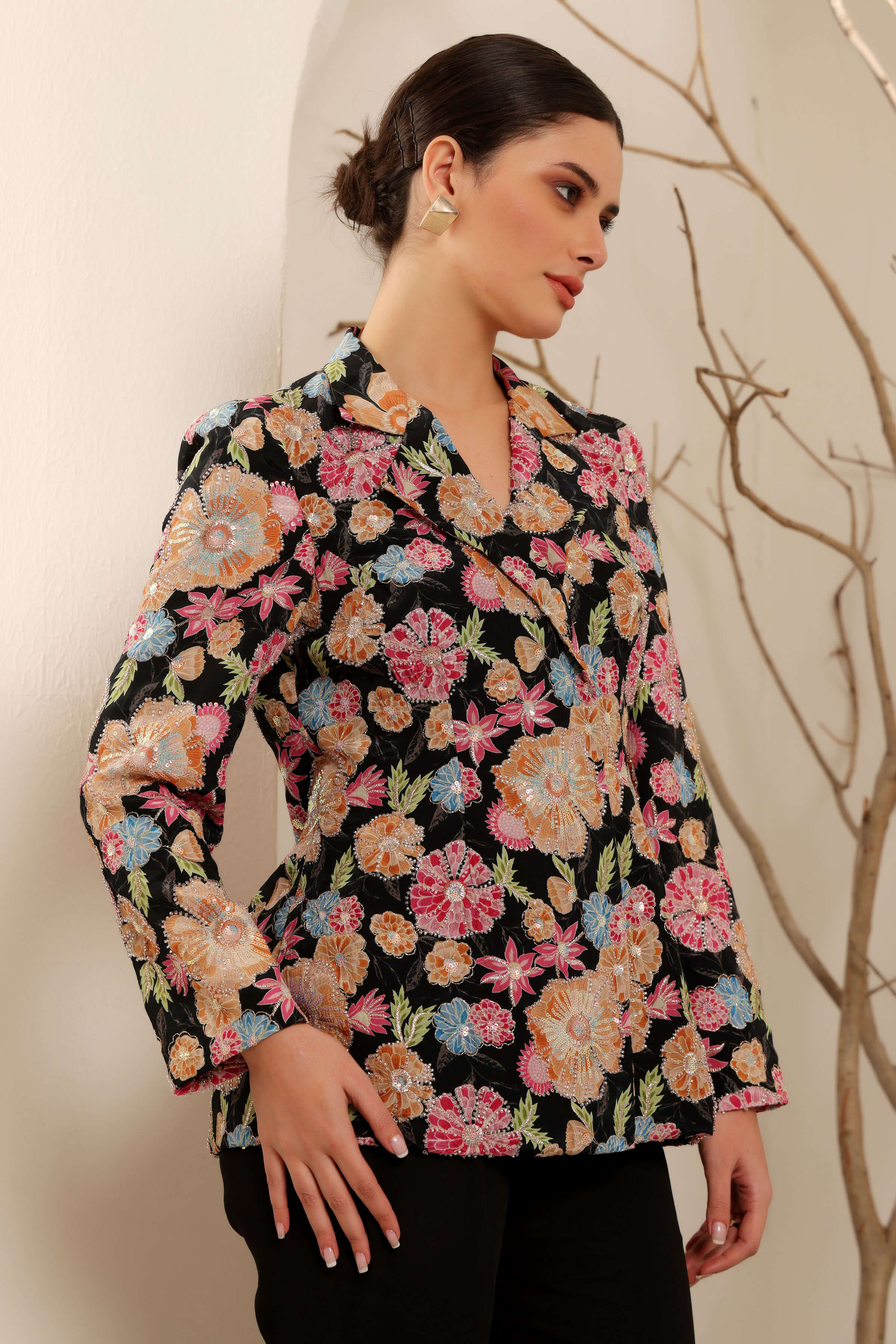 Black Floral Hand Embroidered Blazer Set