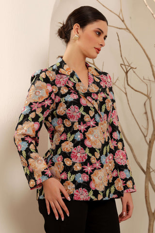 Black Floral Hand Embroidered Blazer Set