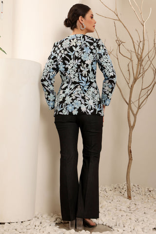 Black Denim Floral Embroidered Blazer Set