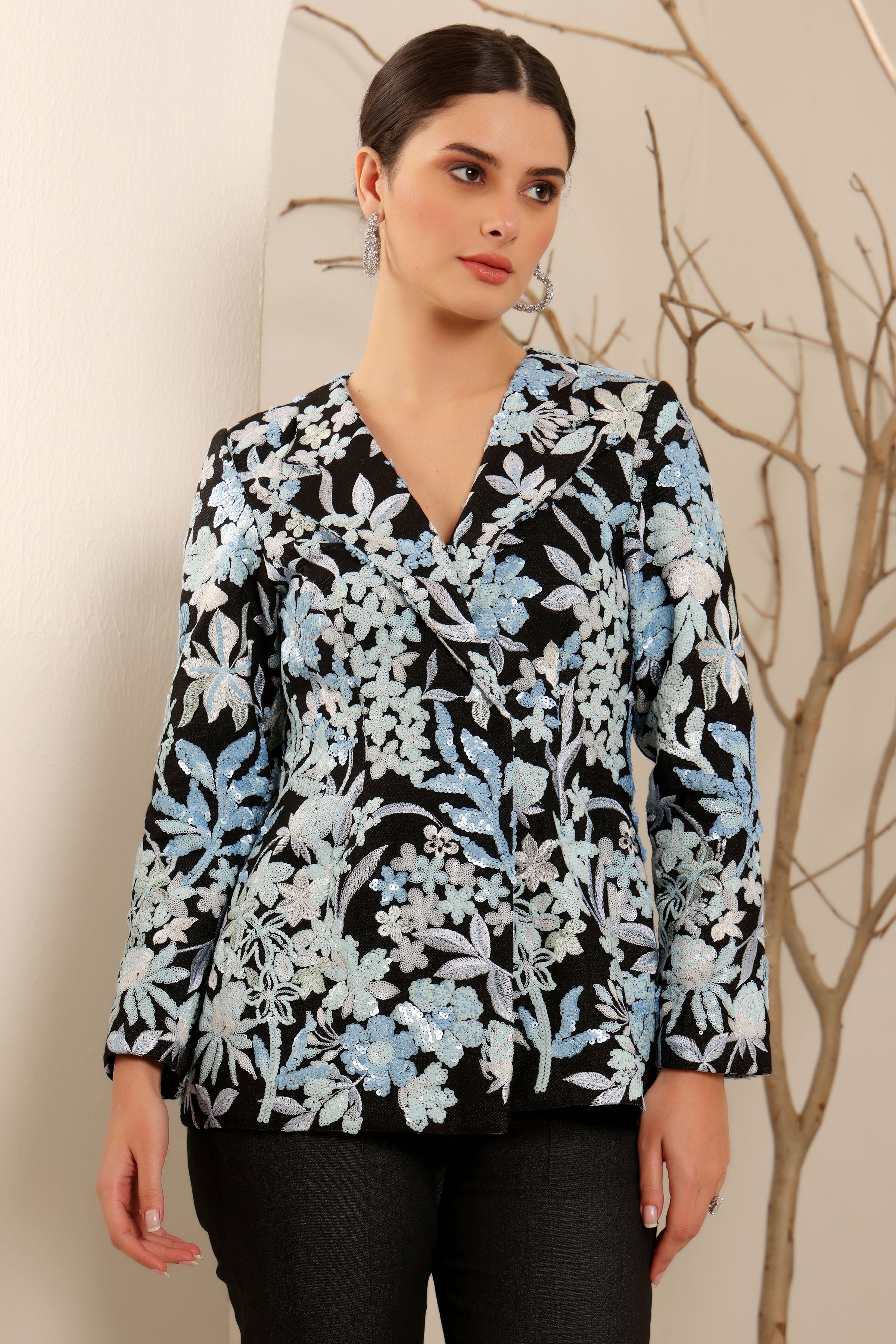 Black Denim Floral Embroidered Blazer Set