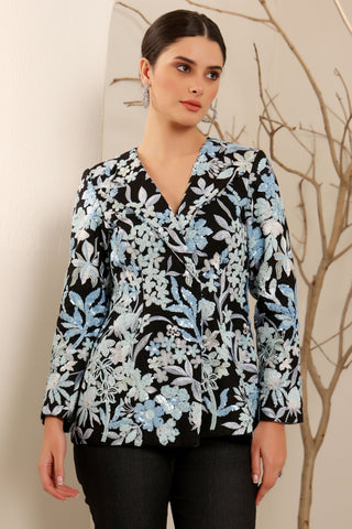 Black Denim Floral Embroidered Blazer Set