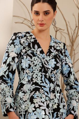 Black Denim Floral Embroidered Blazer Set