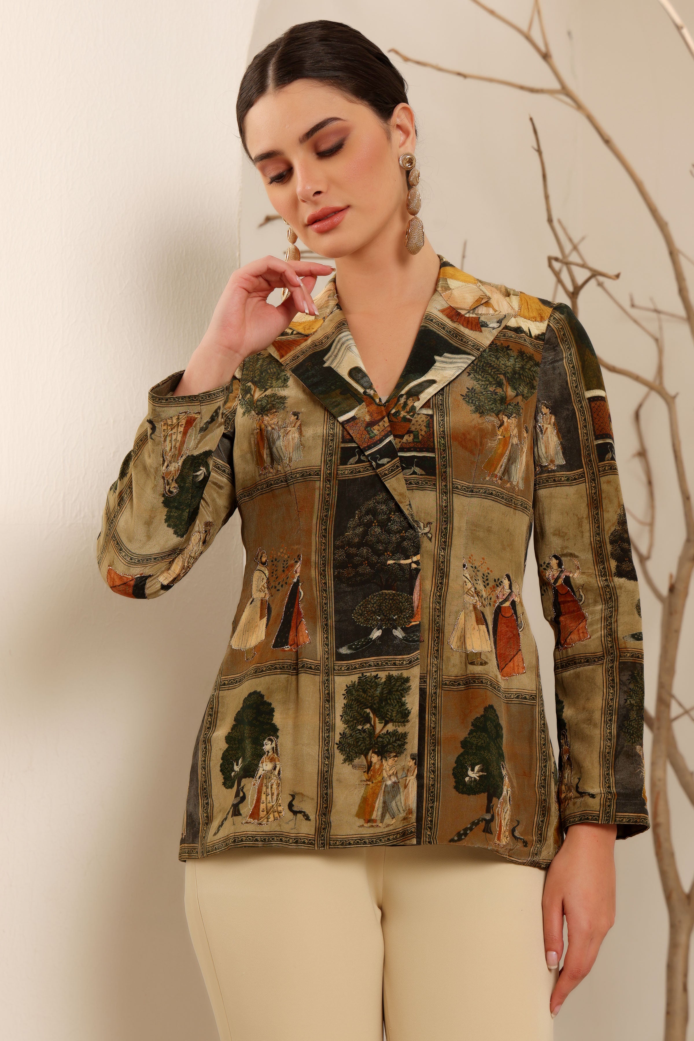 Beige Royal Print Blazer Set
