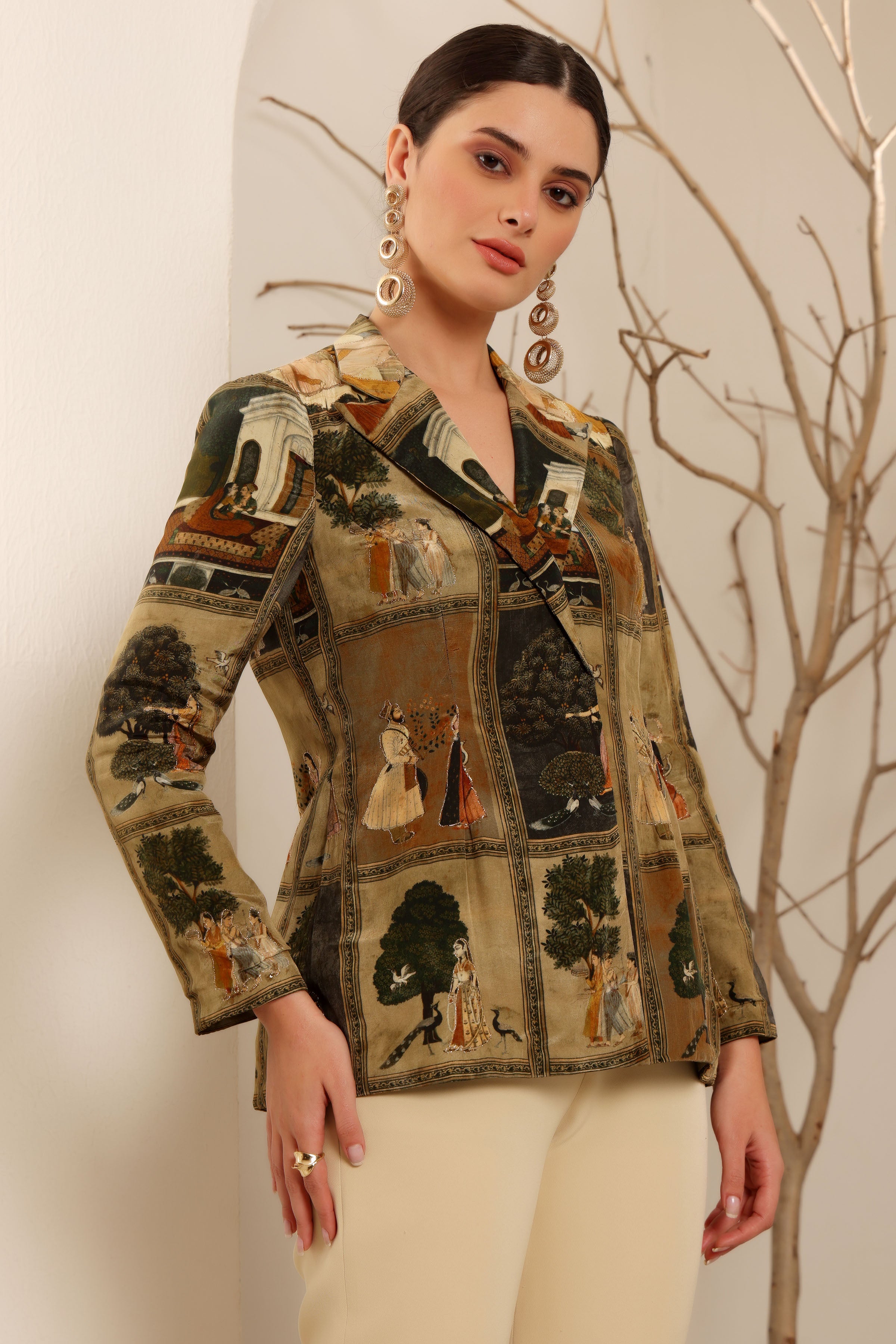 Beige Royal Print Blazer Set