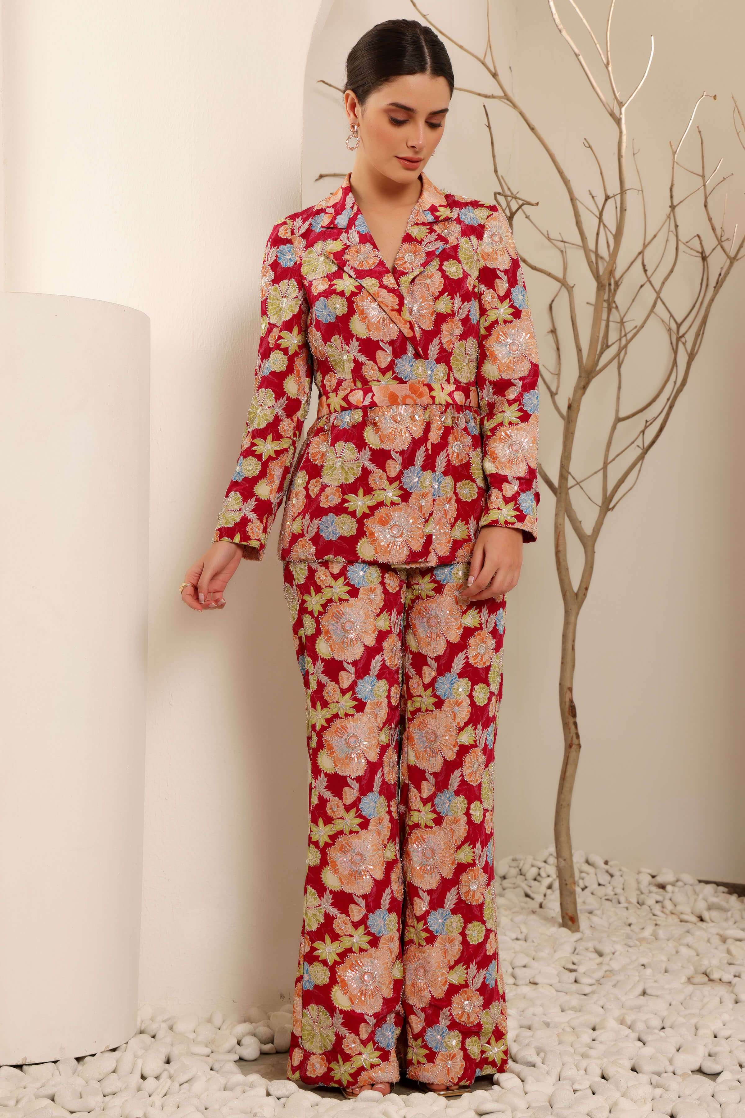 Hot Pink Floral Hand Embroidered Power Suit