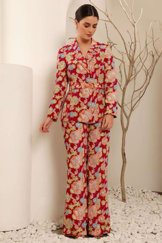 Hot Pink Floral Hand Embroidered Power Suit