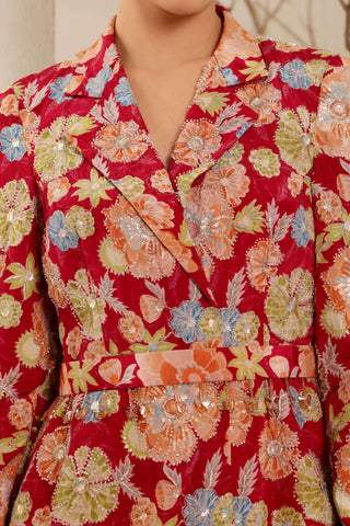 Hot Pink Floral Hand Embroidered Power Suit