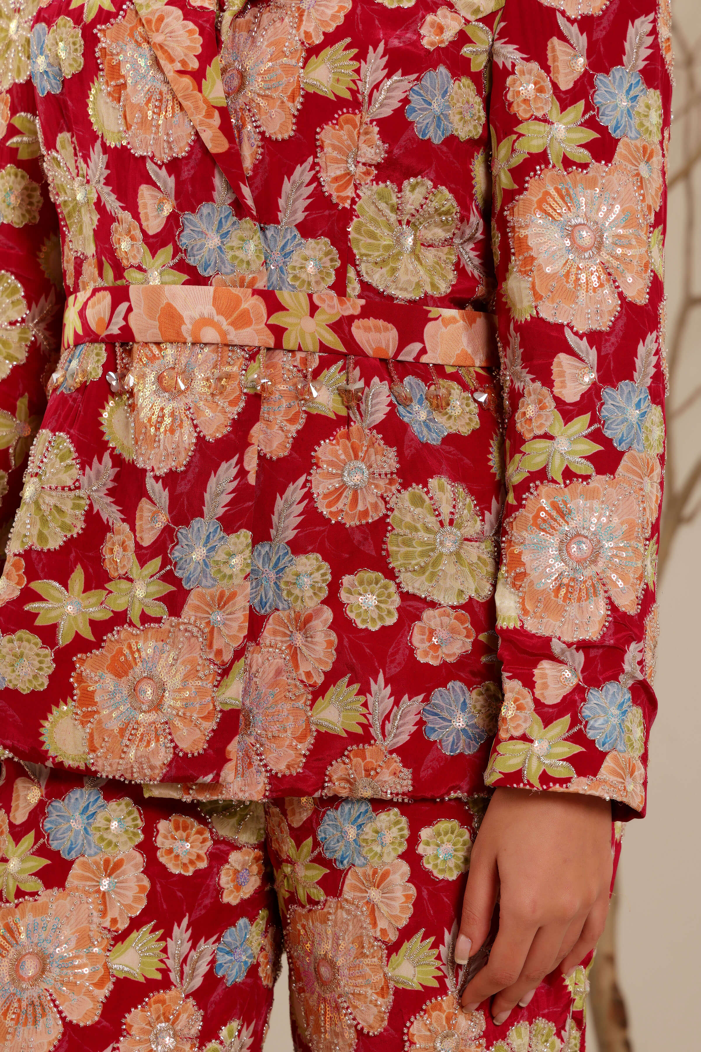 Hot Pink Floral Hand Embroidered Power Suit