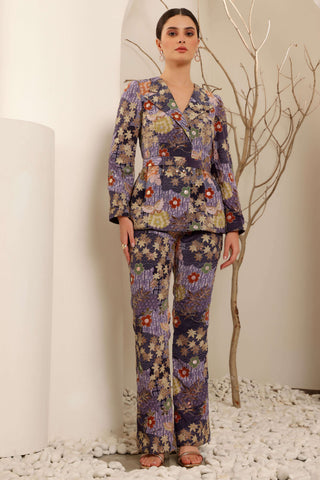 Purple Floral Embroidered Power Suit
