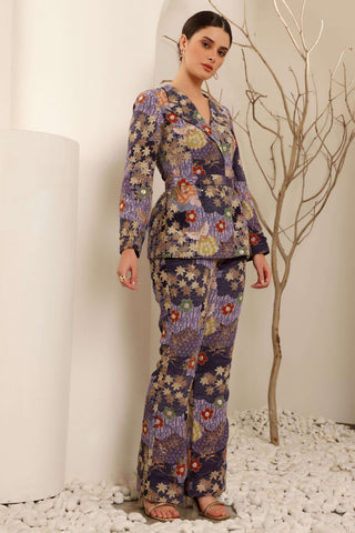 Purple Floral Embroidered Power Suit