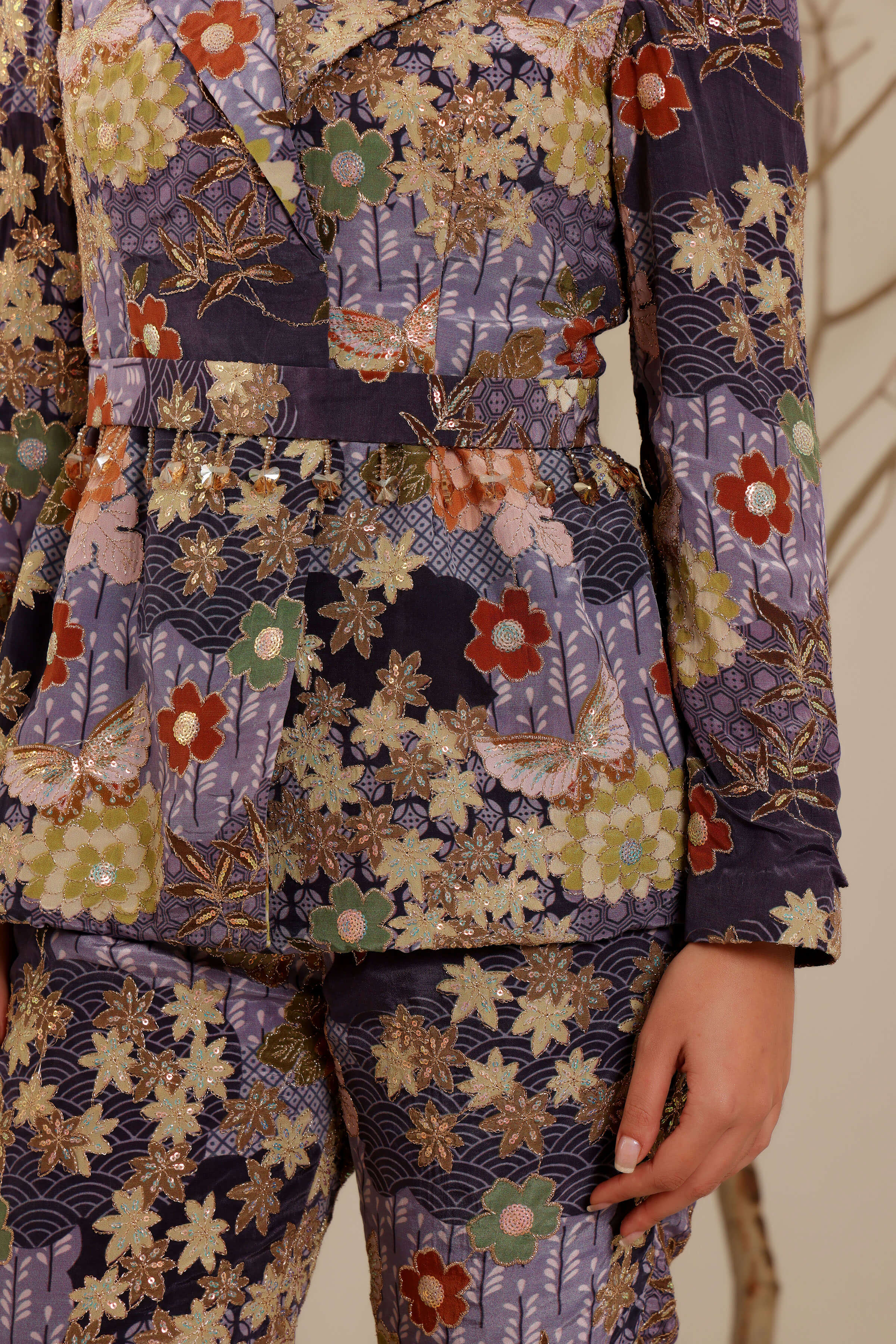 Purple Floral Embroidered Power Suit