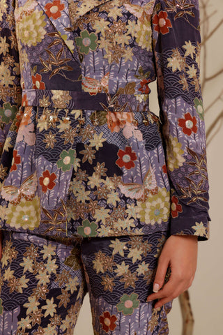 Purple Floral Embroidered Power Suit