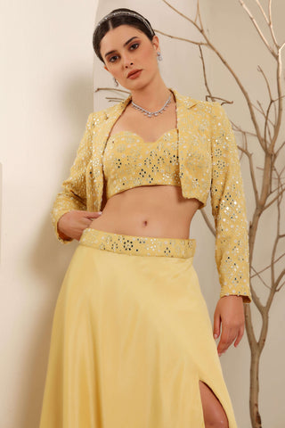 Yellow Hand Embroidered Jacket Skirt with Bustier