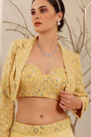 Yellow Hand Embroidered Jacket Skirt with Bustier